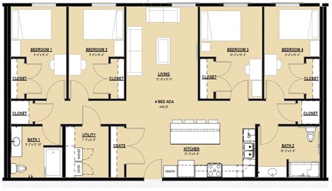 Floor plan for 4 beds, 2 baths, 1465 sqft